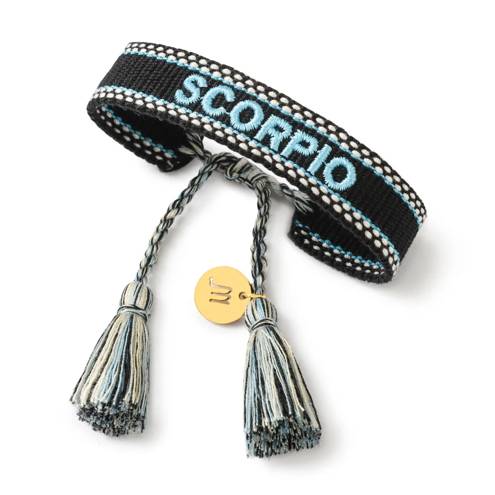 Bohemia zodiac embroidery handmade friendship braided wrap woven polyester thread woven tassel bracelet for women