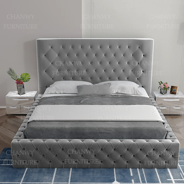 
new style design buttons fabric bed with high headboard for room furniture  (1600093513865)