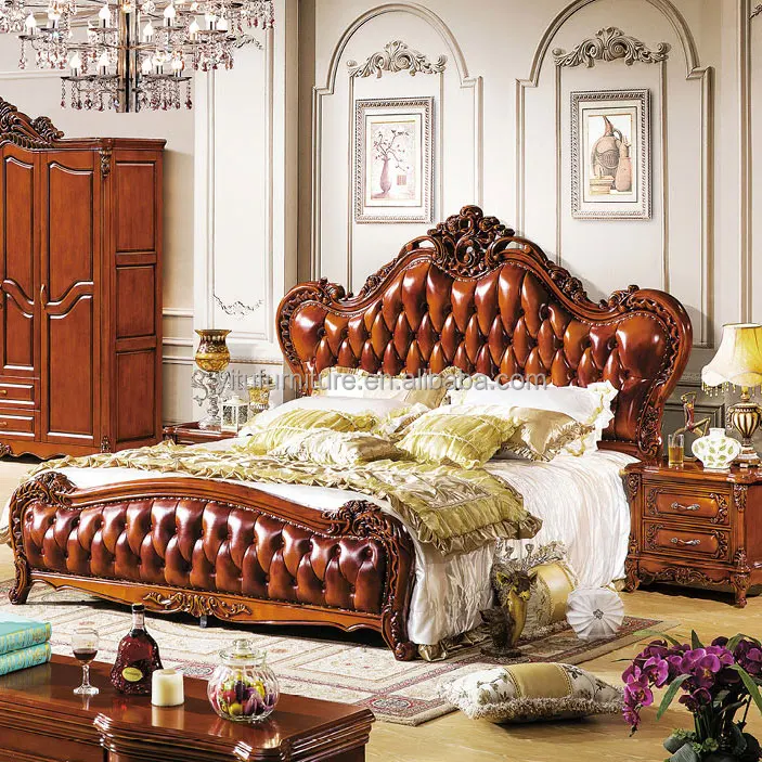 Royal King/Queen size bed European bedroom Furniture sets luxury golden Baroque design dresser table carved solid wood frame bed