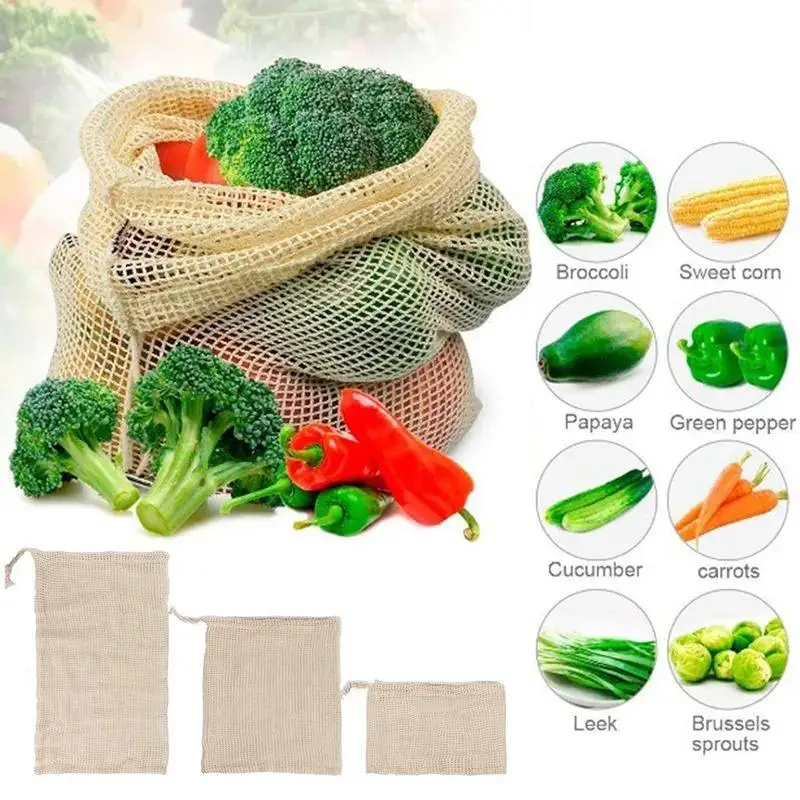 Cotton Mesh Bags with Drawstring for Fruit and Vegetables Storage Reusable Produce Net Mesh Drawstring Bag for Grocery