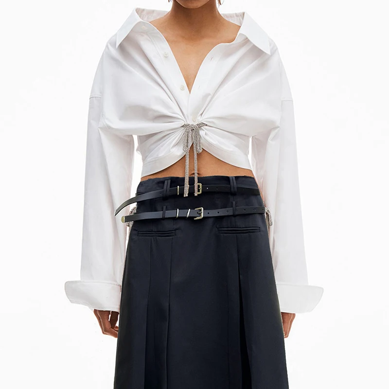 CHICEVER New Style Lace Up Gathered Waist Short  White Cotton Blouses Elegant Women Ladies