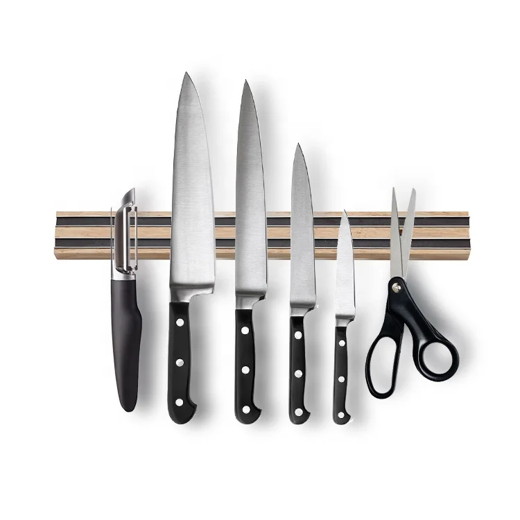 Wholesale stainless steel magnetic knife bar Kitchen Storage 16 inch  wood magnetic knife holder for wall