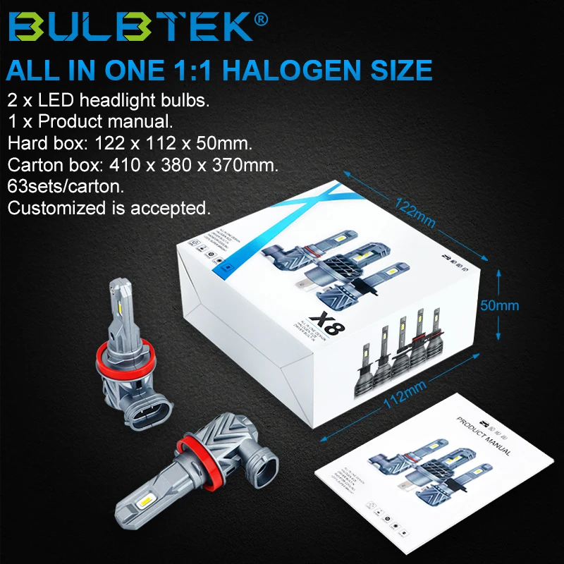 BULBTEK X8 12V 130W 6000K Mini Led Foco Bombillos HB3 HB4 20000lm 9005 9006 Kit H4 H7 H11 Luces Car Fog Light Led Headlight Bulb