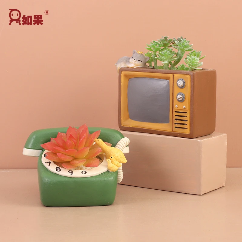 Roogo Original retro succulent flower pots creative home pots TV radio bonsai desktop resin flower pots