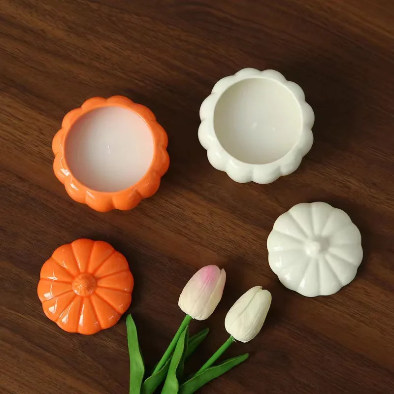 Cute Small Pumpkin Ceramic Candle Cup with Lid DIY Hand Work Indoor Fragrance Stoneware Candle Jar Canister Can