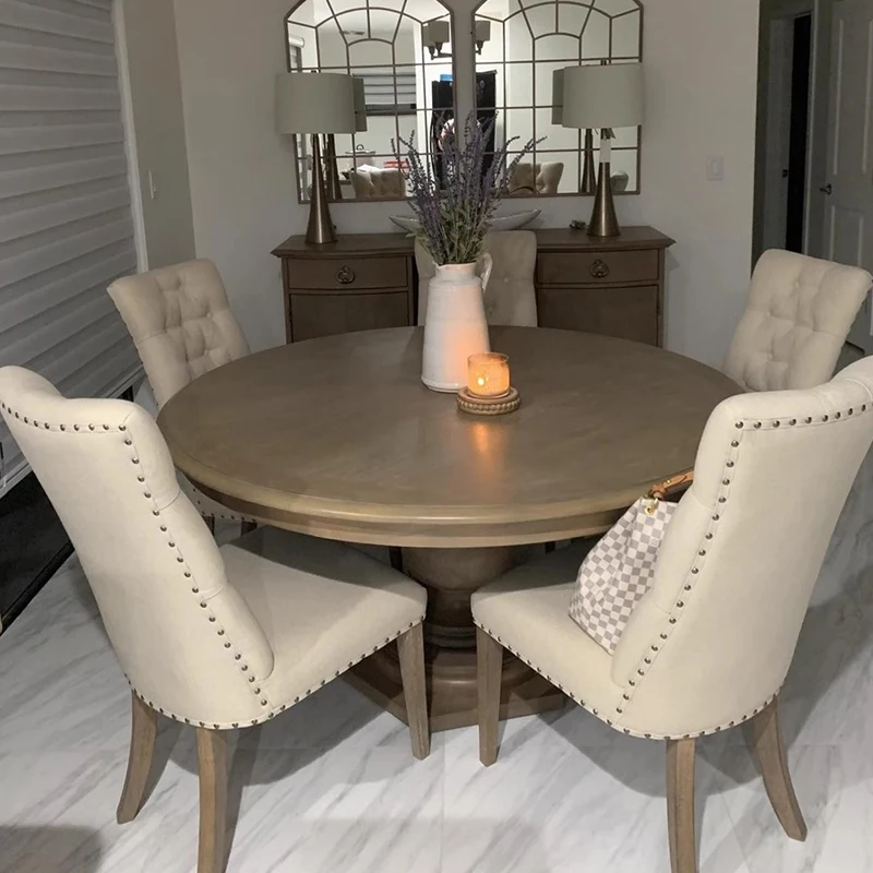 American solid wood dining table and dining chair combination French oak retro round table home antique six table custom