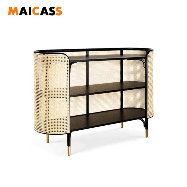 
Luxury Book Shelf Modern Wood Cane Rattan Black Console Table 