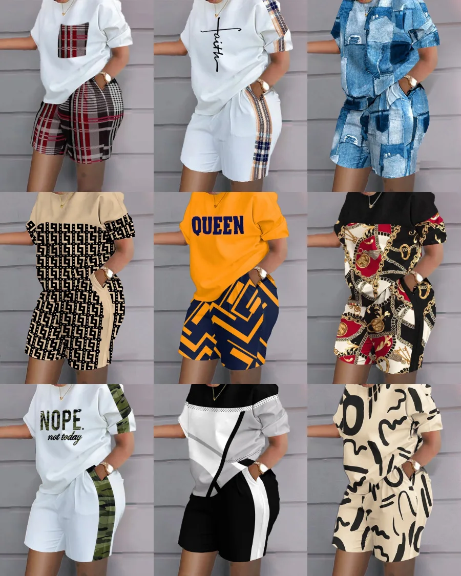 New Styles Print Geometric pattern Short Sleeved Shorts Summer Women Two Piece Set Loose Plus Size