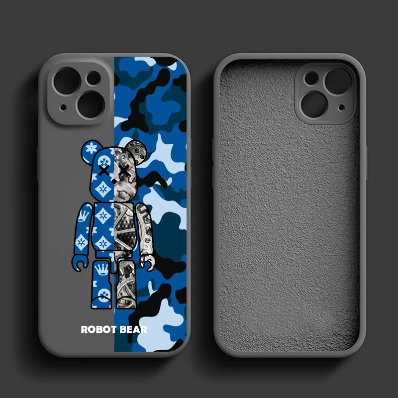 ROBOT Bear Phone Case for iPhone 14 13 Pro 12 11 Pro Xs X XR Max 8 7 SE with Cloth Silicone Cases Soft Back Cover