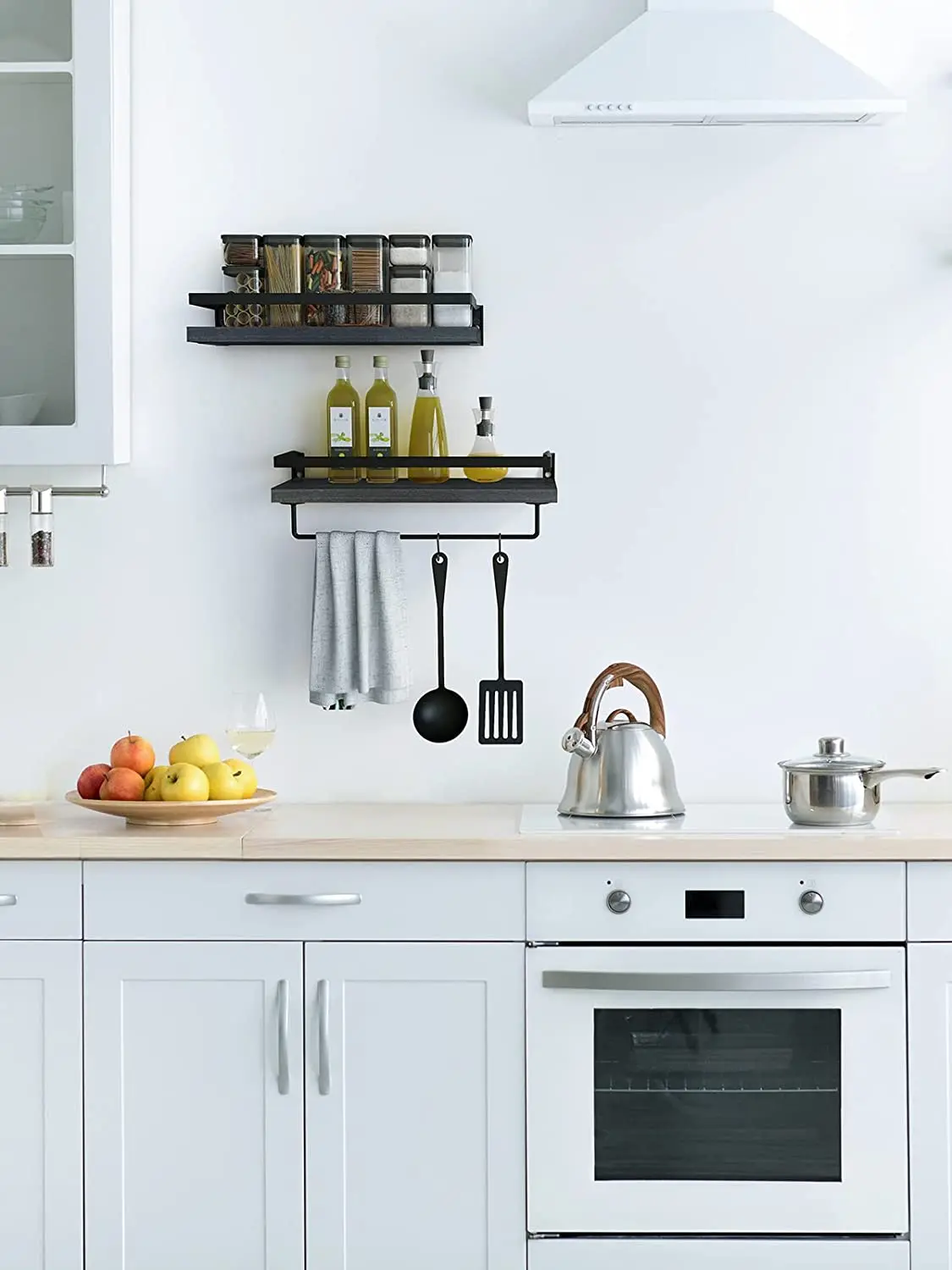 2 Piece Black Floating Shelves Kitchen Bedroom Bathroom Shelf with Towel Rail Decorative Storage Wall Rack