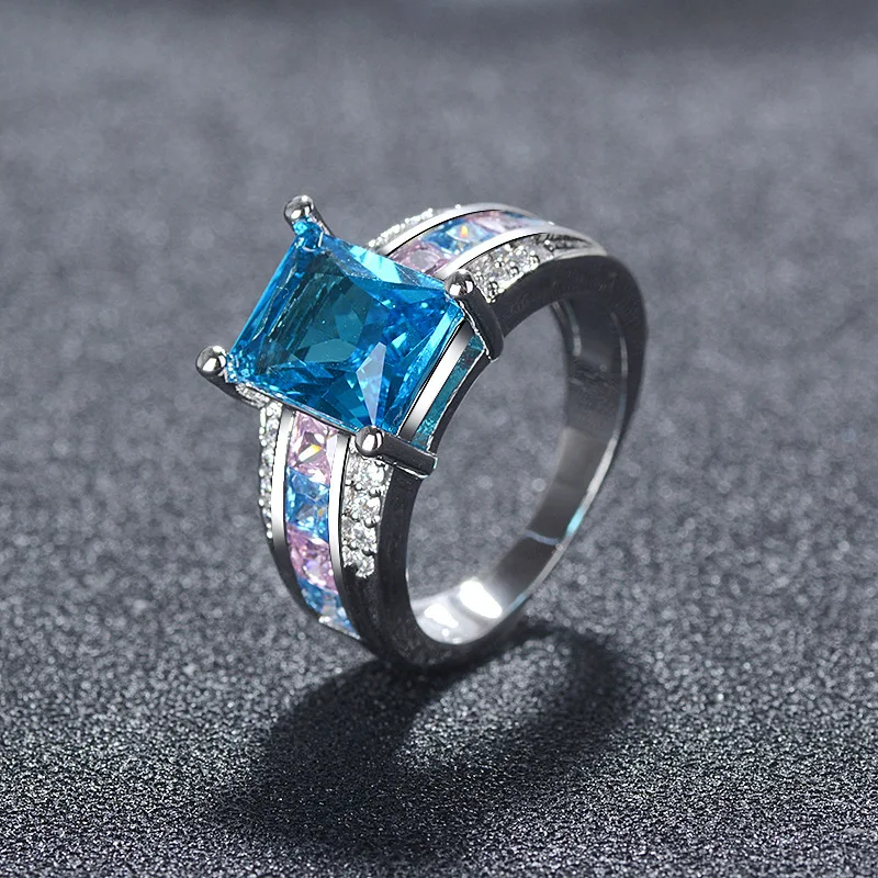 Natural Sky Blue Topaz Sapphire Silver Ring Finger Square Engagement Wedding Party Rings For Women Fine Jewelry Lady Girl