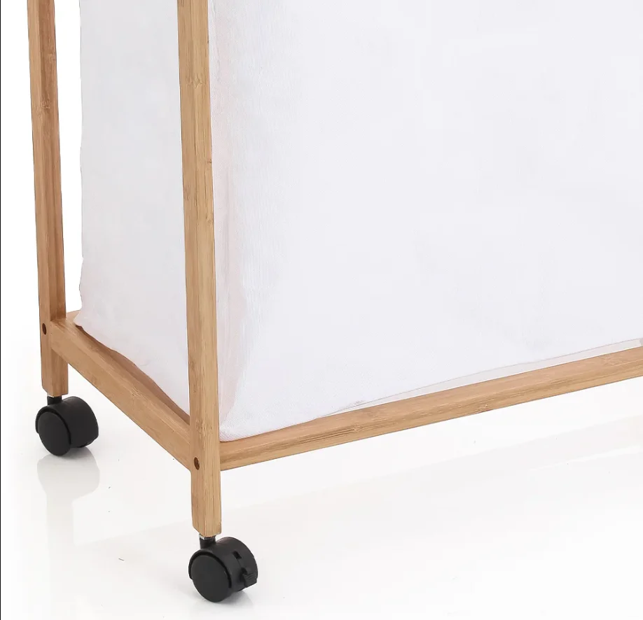 Bamboo Saving Dirty Laundry Basket with White Fabric and 4  Swivel Wheels,  Slim Laundry Bag