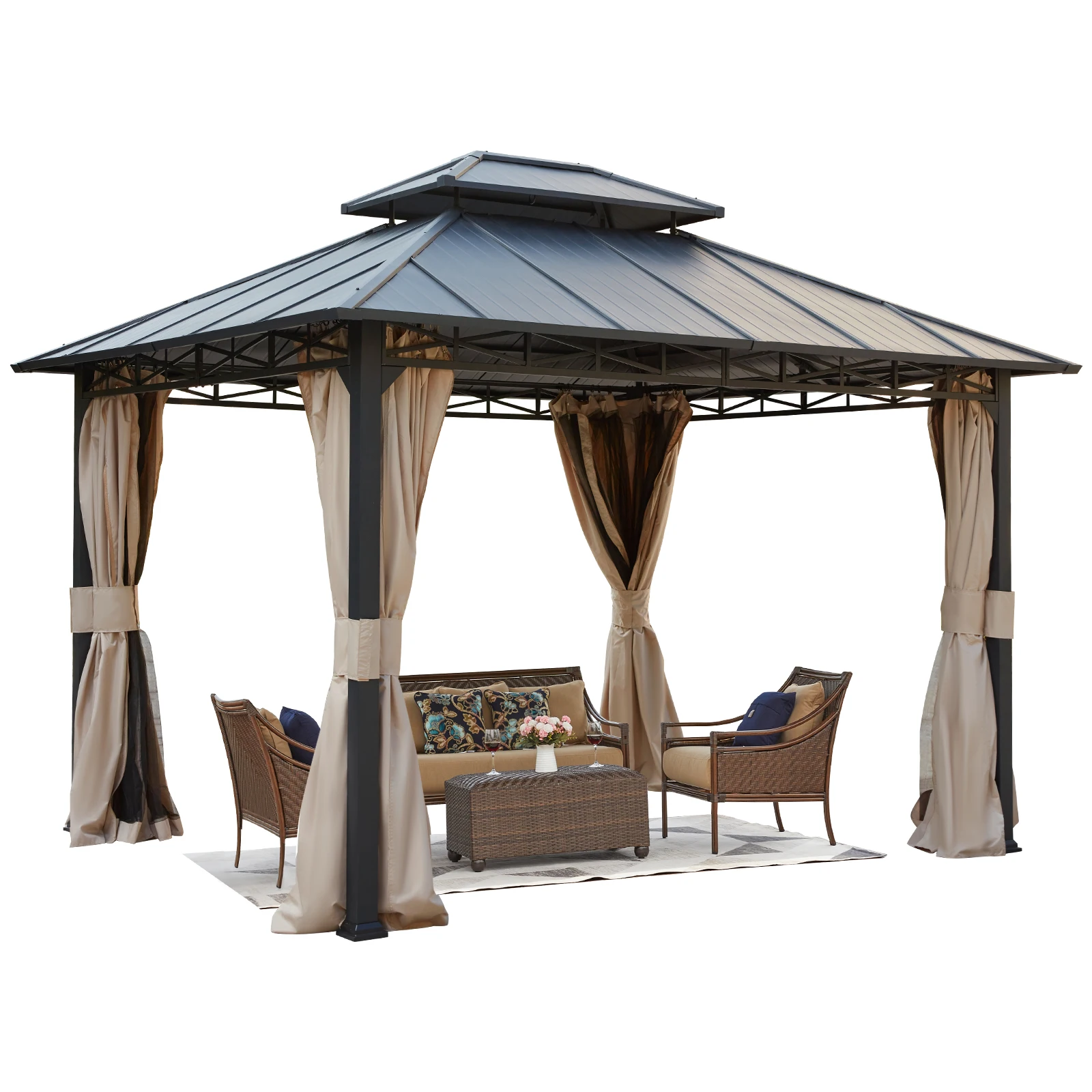 Hardtop Gazebo, Aluminum Frame Patio Gazebo with Double Metal Roof for Backyard, Lawn and Garden, with Curtains and Netting