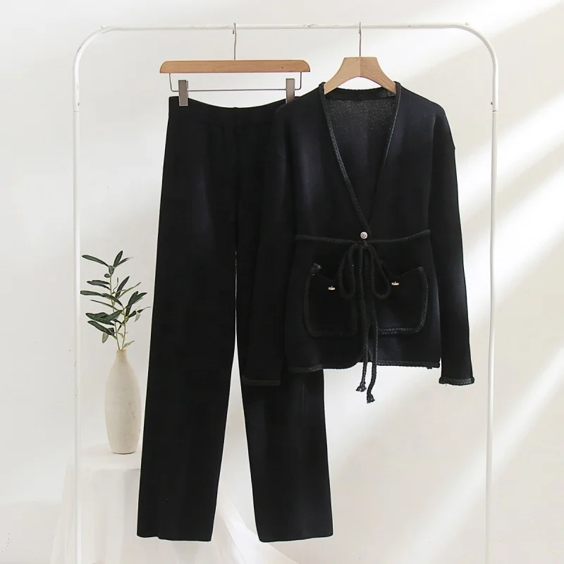 2023 Cardigan sweater two-piece set of solid color casual coat woven belt   women set