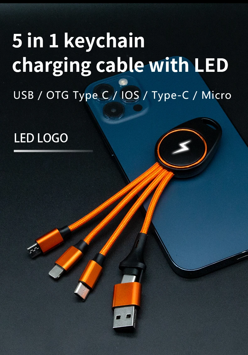 Promotional Braided 5 in 1 Logo Engrave USB Cable For Keychain Luminous LED Light Micro USB Type C Mini Fast USB Charging Cable