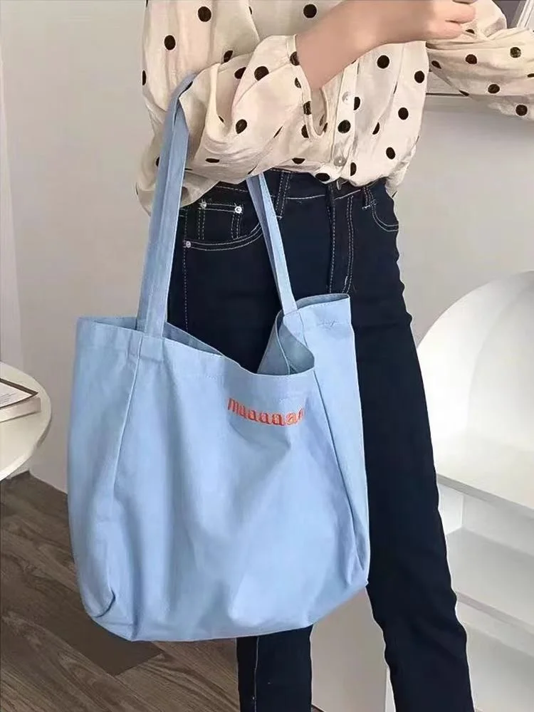 Custom Logo Girls Ins Fashion Large Capacity School Tote Bag Canvas Shoulder Book Handbags Cotton Inspired Shopping Bags