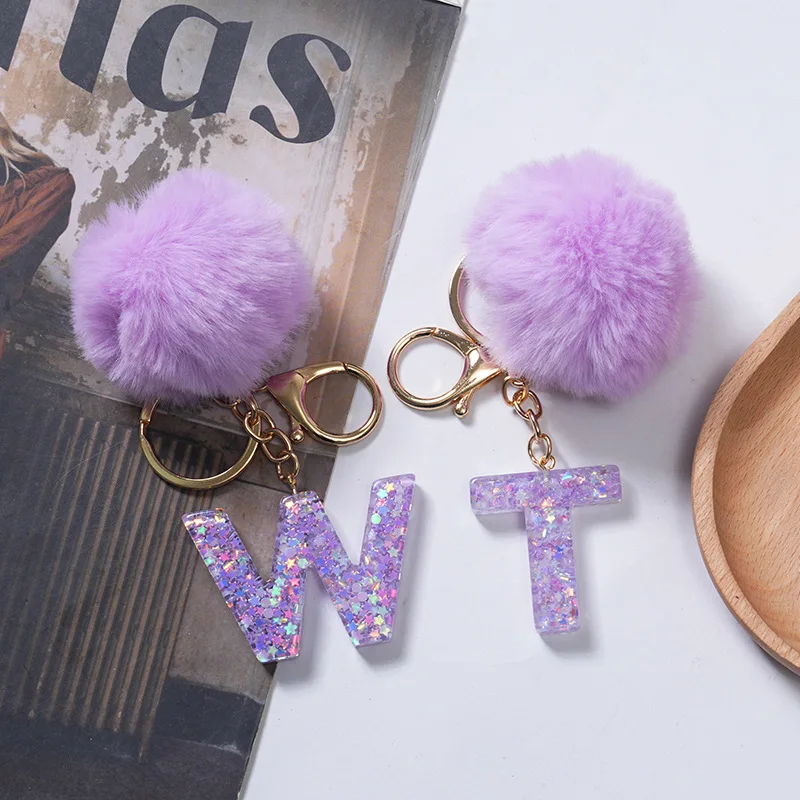 Soft Pom Pom Balls Keychain Fashion Letter Acrylic Keyrings Bag Decoration Car Key Accessories Anti-Lost Key Chain Custom Logo