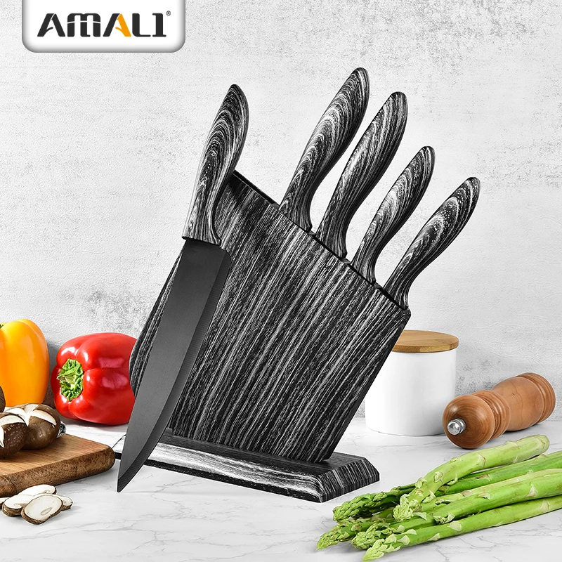 6PCS Hot Sale Non-Stick  Marble kitchen  Knife Set Black Color Knives With Plastic Knife Holder