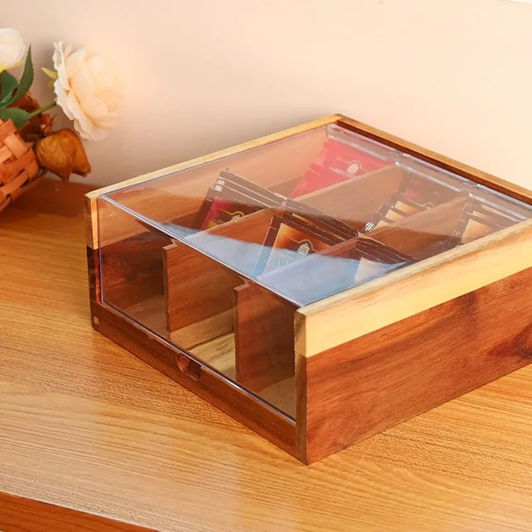 Custom Large 6 Compartments Tea Chest  Organizer Acacia Wood Tea Bags Storage Box With Acrylic Transparent Hinged Lid