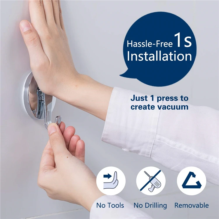 TAILI Drill-Free Removable Powerful Vacuum Suction Cup Chromed Hanging Hooks for Bathroom