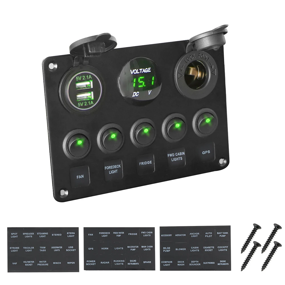 Green Car Marine Boat Rocker Switch Panel Digital Voltmeter Dual USB Port 12V Outlet for BMW E46 for Audi A4Interior Parts
