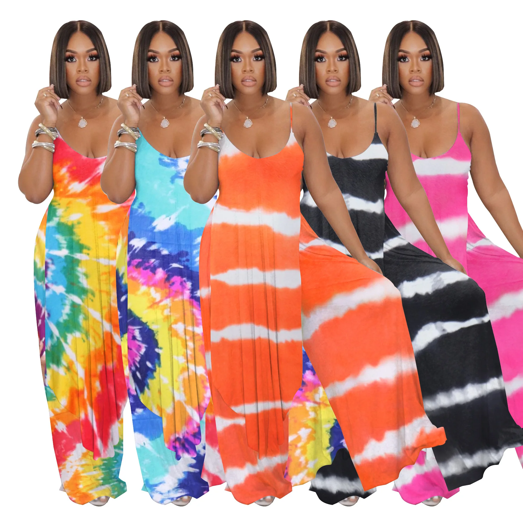 women 5colors European spaghetti strap tie die stripe printed sexy wide leg long jumpsuits romper jumpsuit women