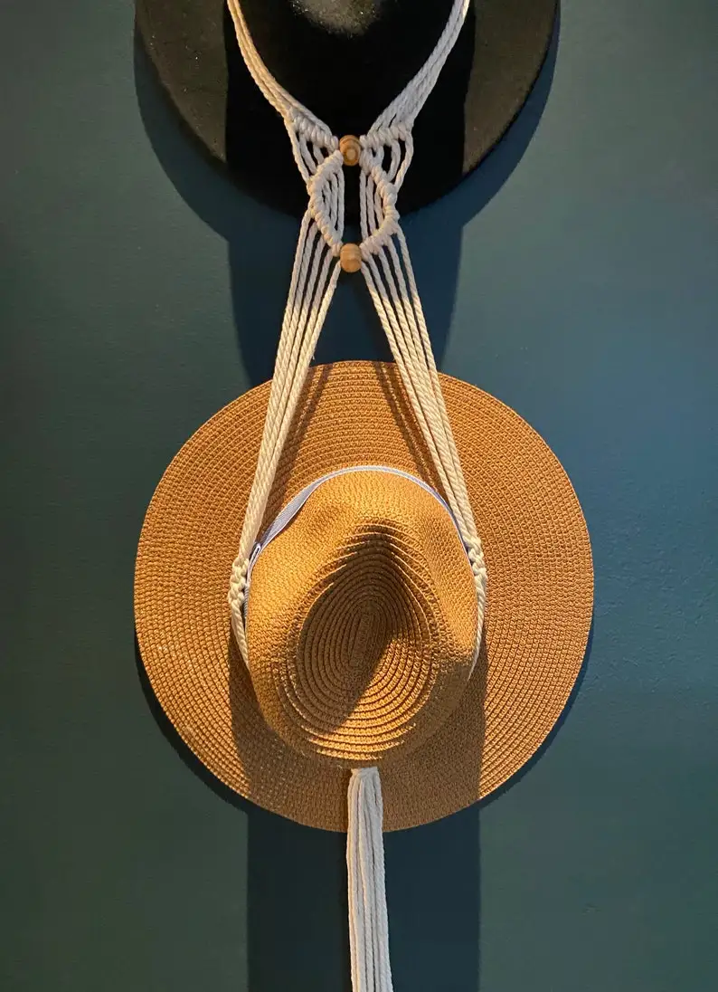 Boho Natural Handmade Gift Farmhouse Cotton Double Hanging Organizer Macrame Hat Holder Hanger