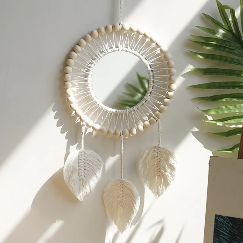 Bohemian Souvenir Hand-Woven Wooden Bead Tapestry Mirror Decorative Pendant Bedroom Home Mirror Wall Hanging
