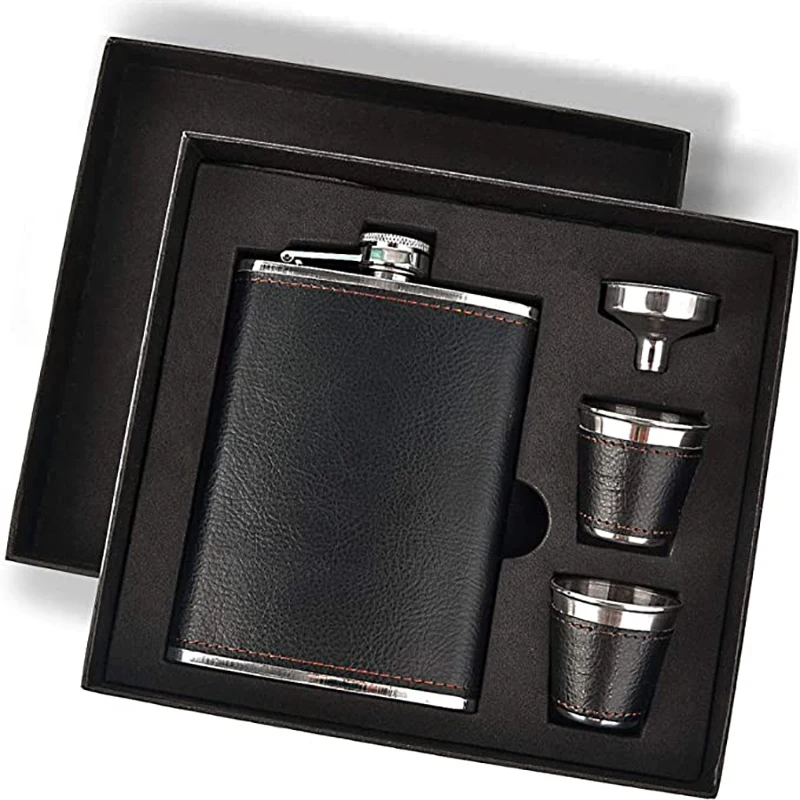 18/8 Stainless Steel Hip Flasks Gift Set, Hip Flasks for Liquor for Men with Black Leather Cover, 8 Oz Hip Flask Set