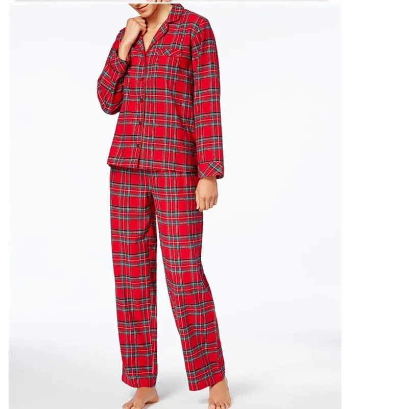 Oem Custom Christmas Pajamas Family Plaid Printed Christmas Pyjama Pjs Set Wholesale Xmas Pajamas Set Women Custom Woven Label