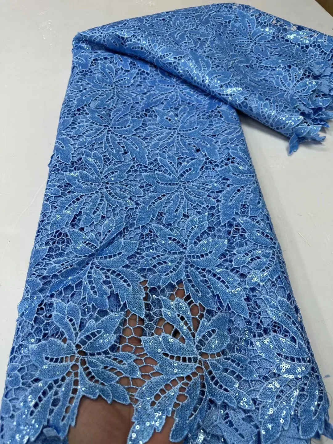 High quality cord lace sequins water soluble white guipure lace chemical