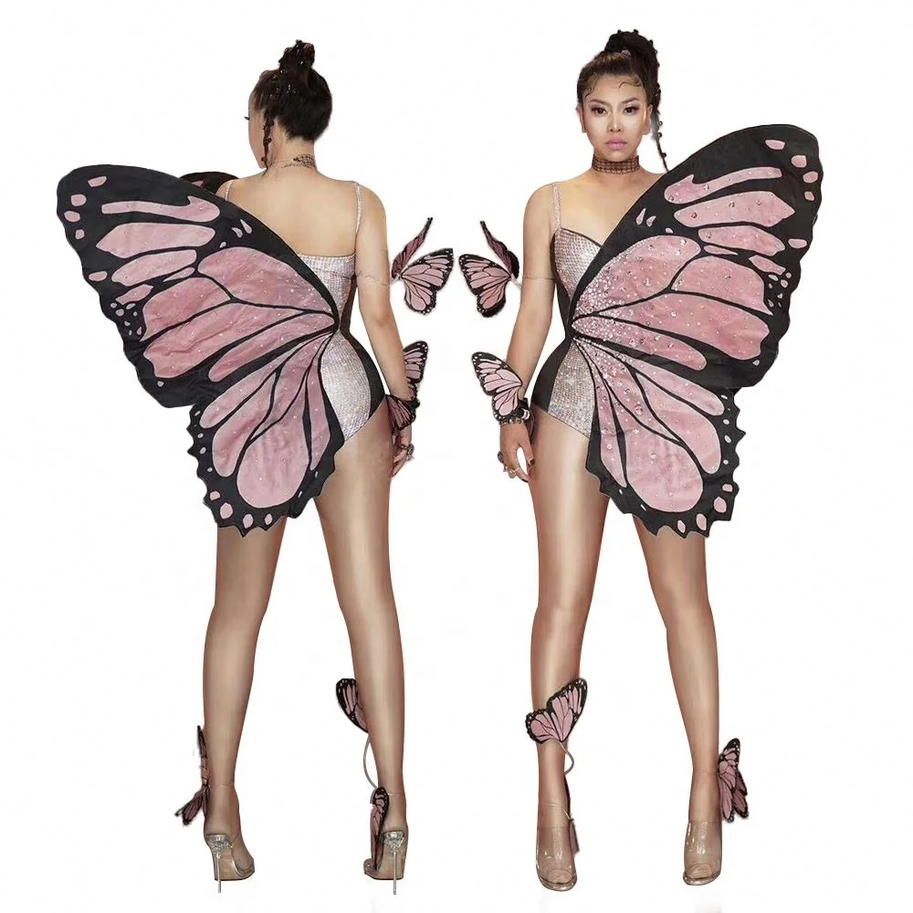 Women Pink Butterfly Wings Rhinestone Bodysuit Sexy Dance Costume Leotards Club Showgirl Stage Performance Wear