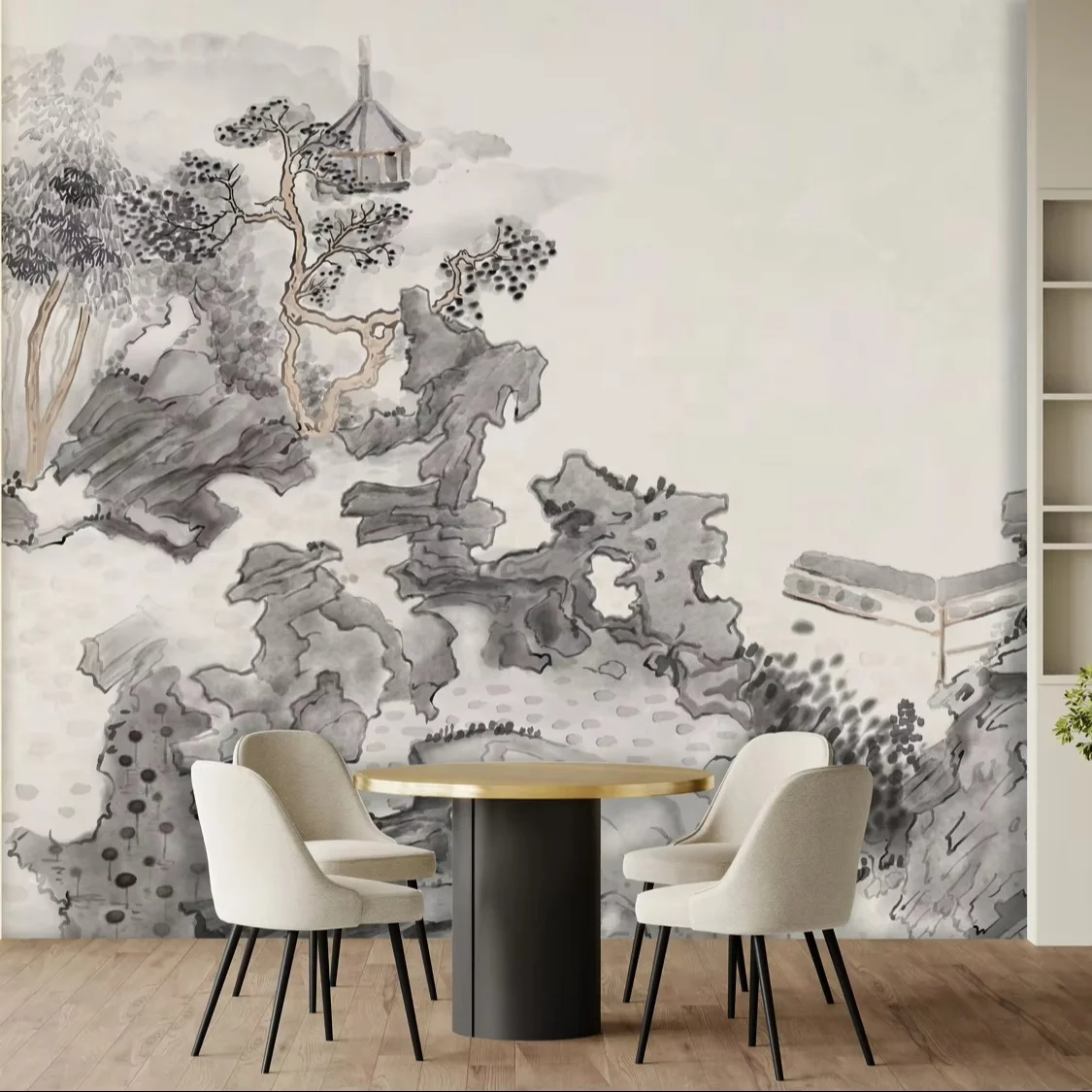 Wholesale High Quality Interior wall decor traditional Chinese painting Fabric Backed vinyl Mural Wallpaper for living room