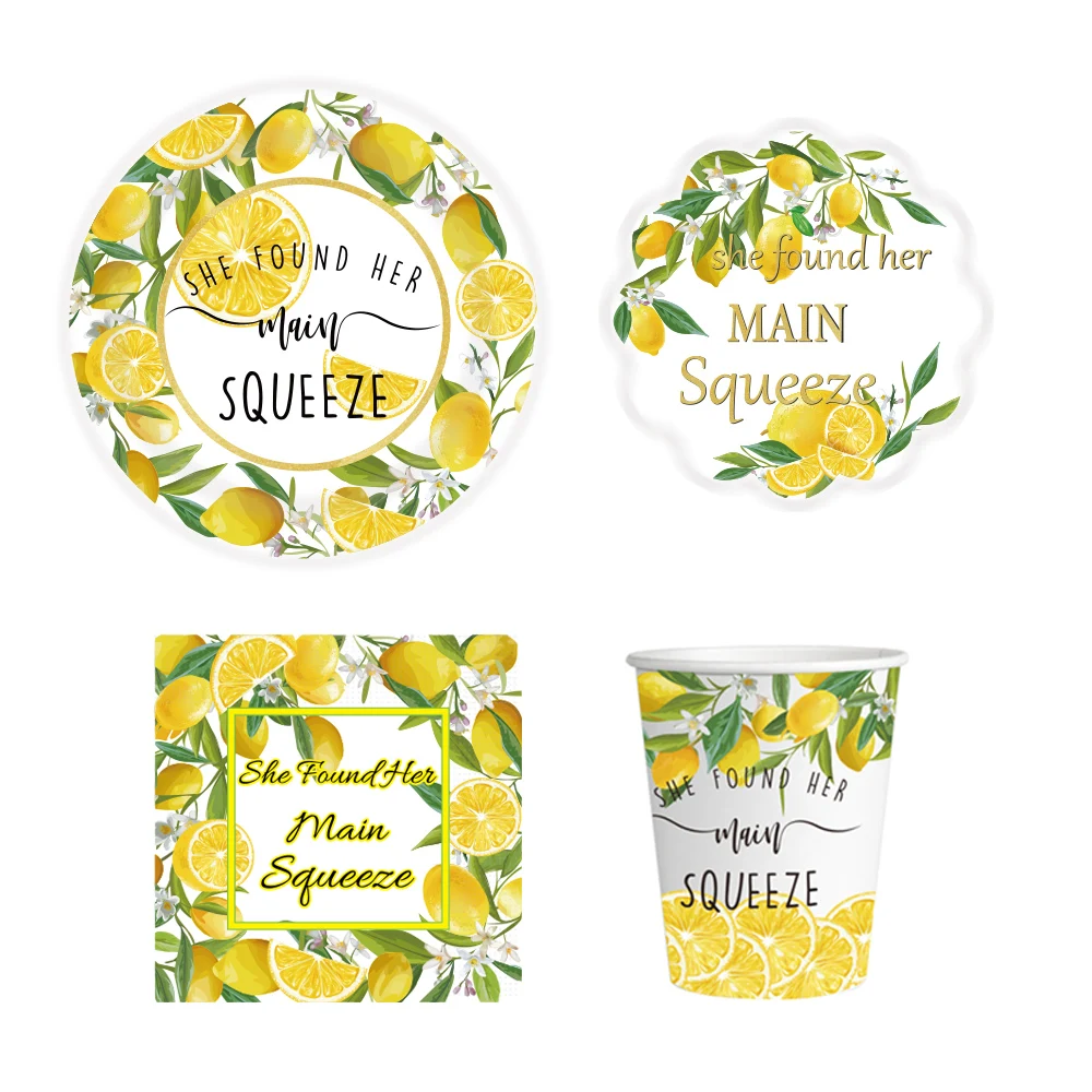 PAFU Bridal Shower Bachelorette Party Decoration Set She Found Her Main Squeeze Banner Lemon Tableware Paper Plate Cups Napkin