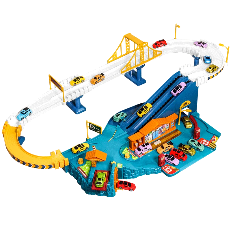 Ramp Track Adventure Rail Slot Vehicles Race Play Vehicle Track Set with 4 Mini Cars toys