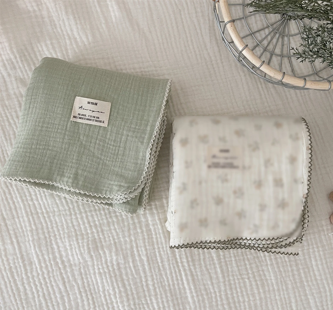 100% Crepe Cotton 4 Layer Super Soft Breathable Solid Baby Muslin Receiving Swaddle lace Blanket Swaddle
