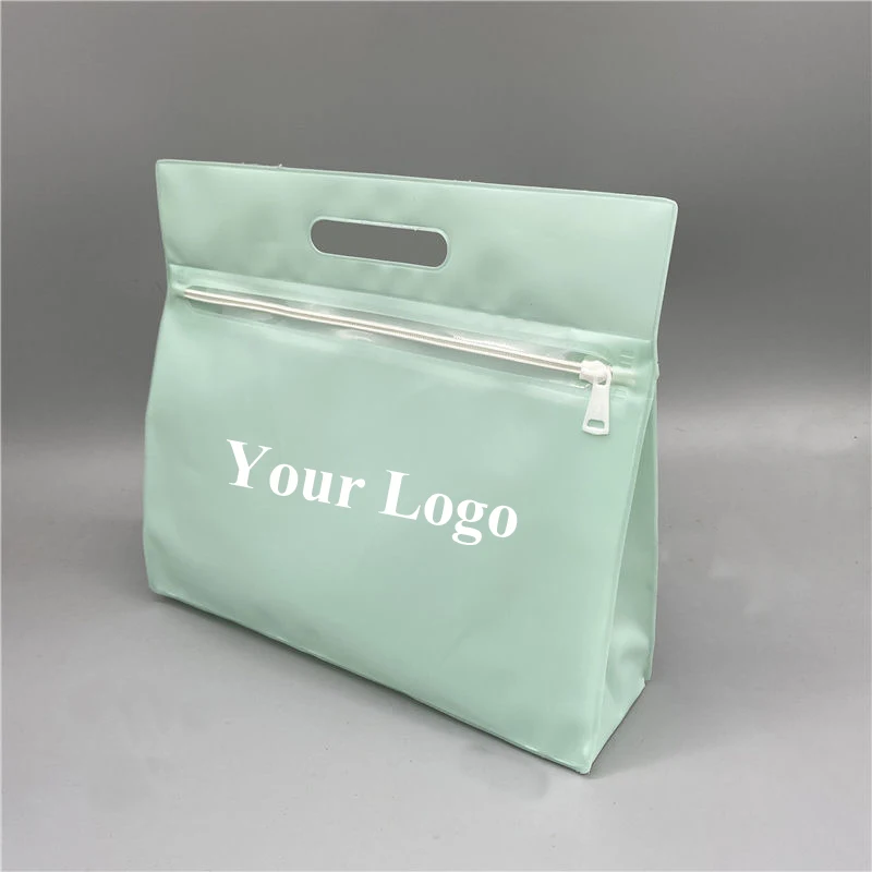 Recyclable custom logo pvc ziplock bag cosmetics travel storage pouch bottom gusset stand up zipper bag with handle