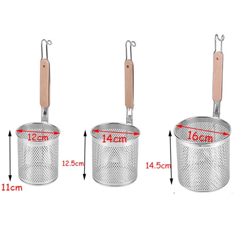 Mesh Pasta Basket with Wooden Handle Stainless Steel Mesh Spider Strainer for Pasta, Noodles, Dumpling