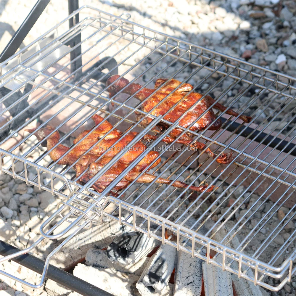 Portable Outdoor Garden Rotisserie BBQ Grill Stainless Steel Basket Net Rotating Charcoal/Wood Burning Flip BBQ Grill