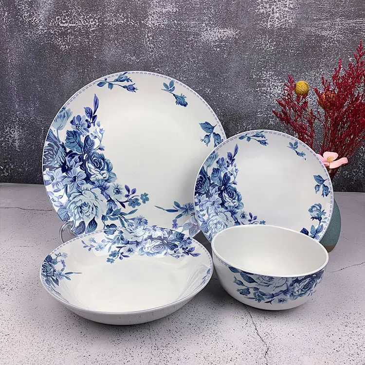 blue & white porcelain tableware luxury style white soup modern porcelain serve ceramic serving restaurant plates and bowls set
