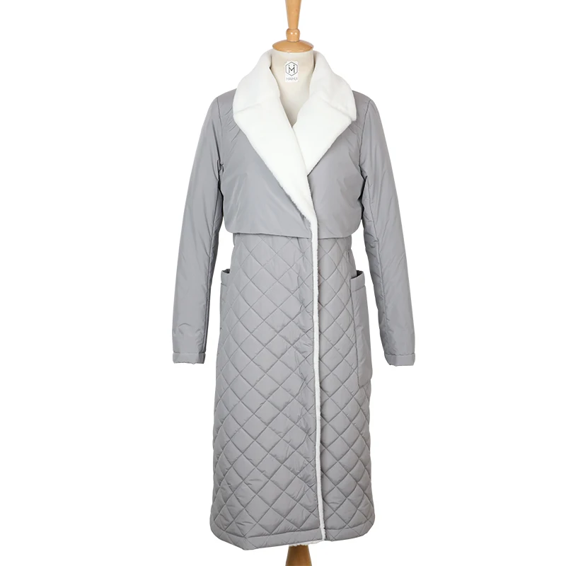 Long straight winter coat with rhombus pattern Casual sashes women parkas Deep pockets tailored collar stylish outerwear