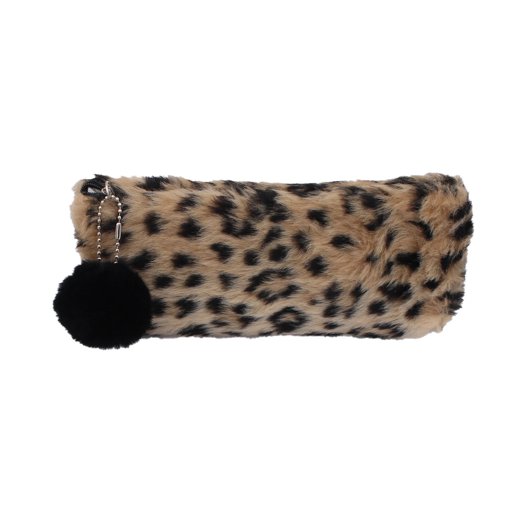 Furry Fashion Pencil Case Leopard Plush Pencil Case with Pompom