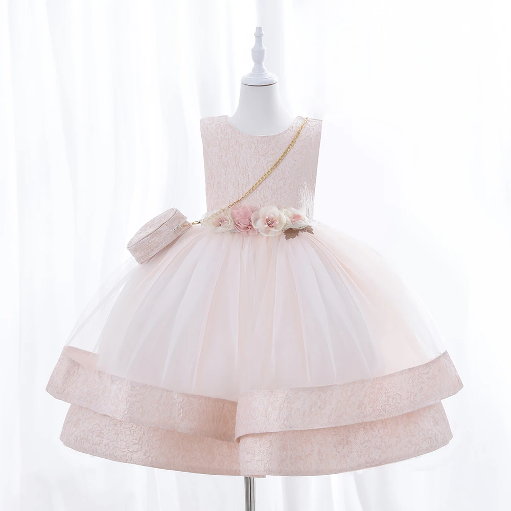 Outong Ready-Made Jacquard Fabric Ball Gown Princess Dress Infant Formal Birthday Baptism Party Kids Flower Girl Dresses 5-9Year