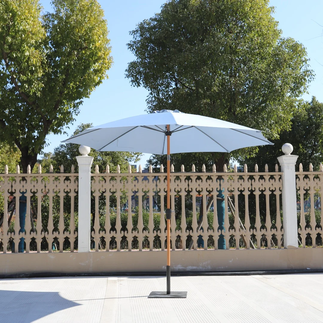Chinese Customized Outdoor Garden Wooden Grain Pole Beach Umbrella Parasol with 18K Fiberglass Ribs