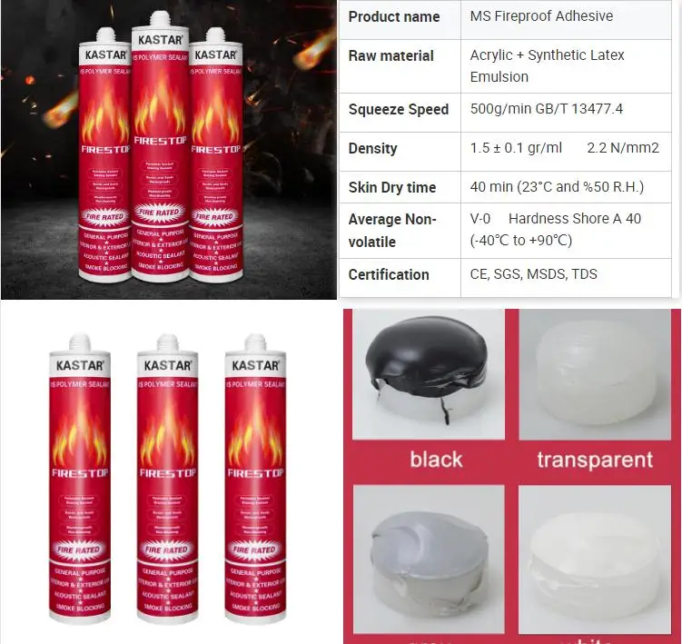 KASTAR MS Polymer Fireproof Adhesive Sealant Manufacturer Tile Grout intumescent MS Firestop Fireproof Sealant Glue