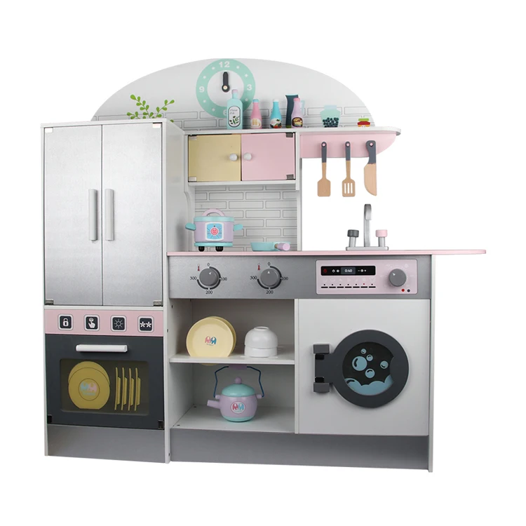 WD19033 Customized Luxury Unique Style Children Play White Big Wooden Kitchen Set Toy For Kids 3+