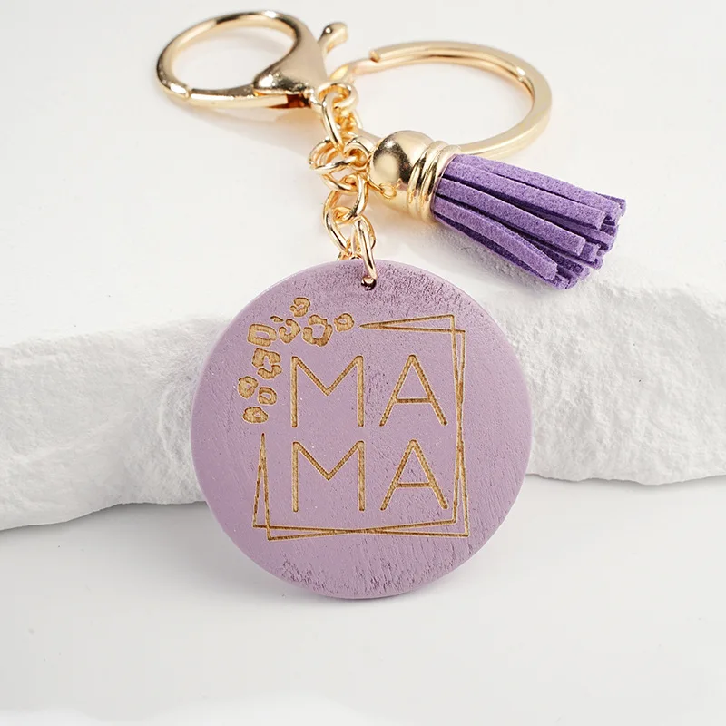 Wholesale Cheap Wood Chain Laser Logo Bag Accessories Custom Design Mother Day Gift Wooden Keychain Pink With Tassel