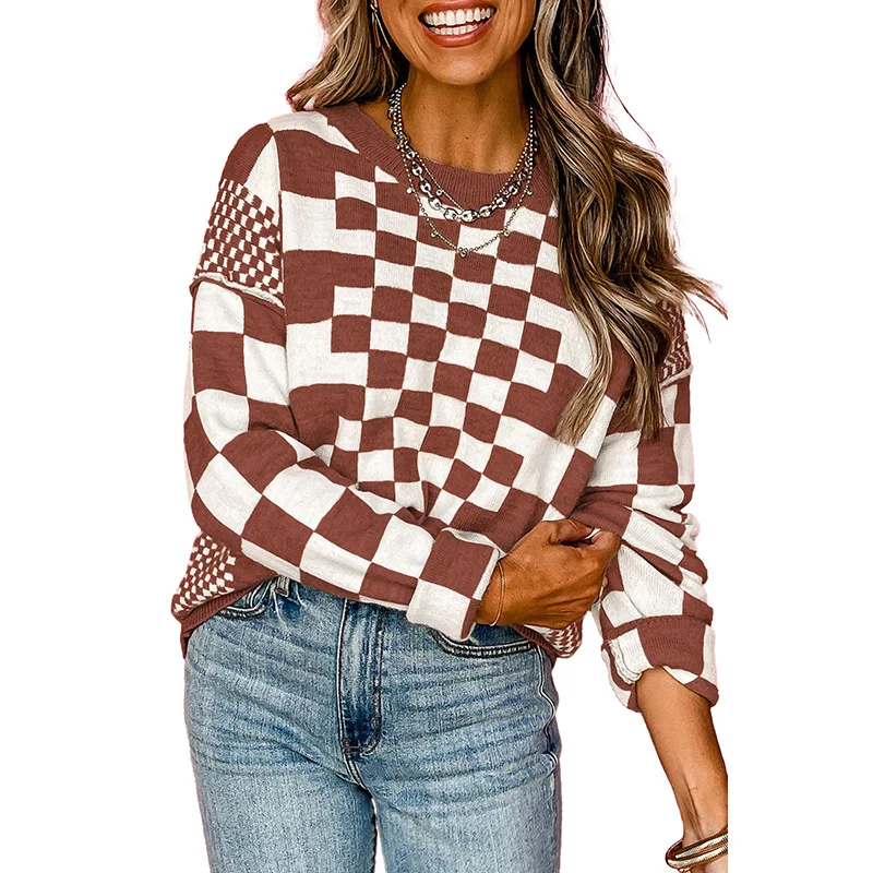 Wholesale Custom Knit Crop Top Women Sweaters Crew-Neck Plaid Casual Knit Sweater