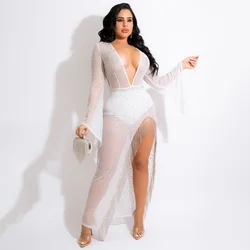 2022 Women Party Dress Perspective Deep v-Neck Skirt Drilling Sexy Rhinestone Fringe Slit Tassel Evening Dress 3XL