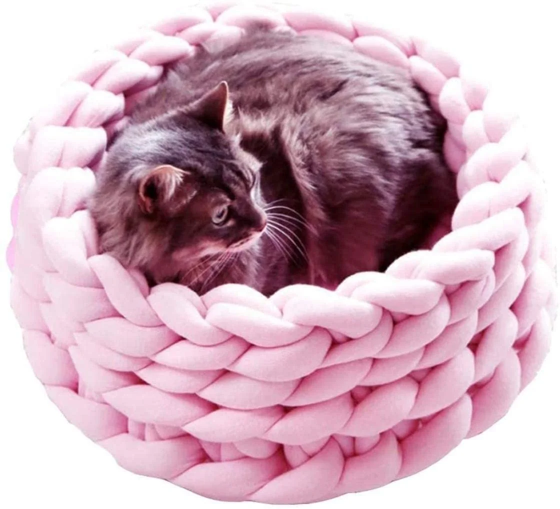 Pet mat Handmade Chunky Knit Enclosed Cat Bed Pet Teepee Tent,Self-Warming Cat Bed House for Kitty, Kennel Pink